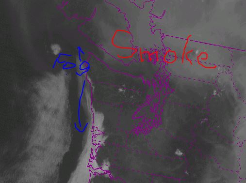 Marine layer & smoke
It's the battle of the titans. Hoping the marine layer will move into Juan de Fuca late this aft. & cool things off.
