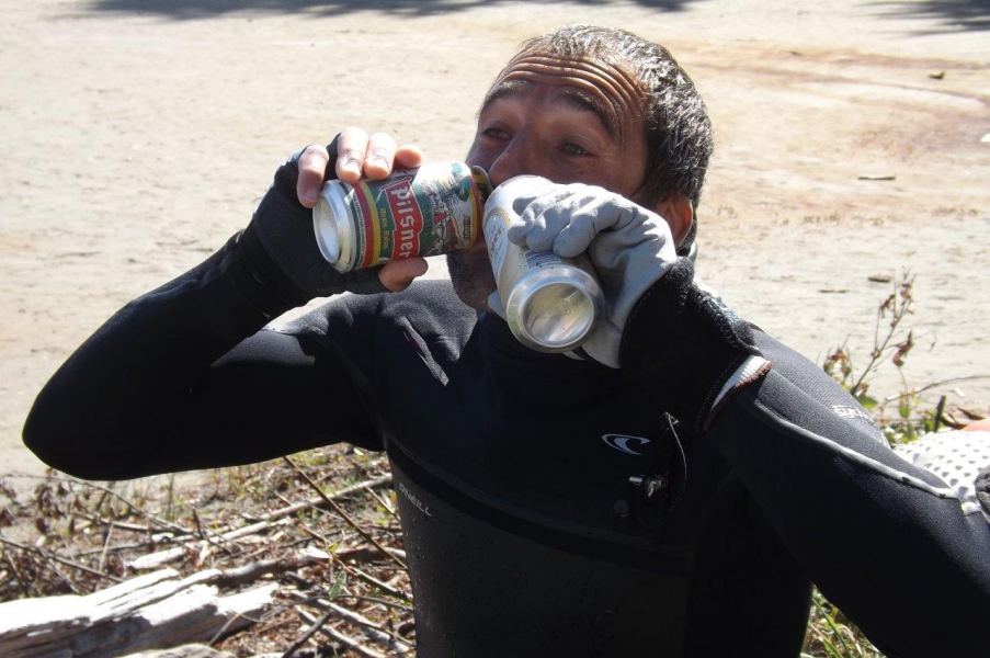 Marathon Ozy washing down last crumbs of first food of the day
