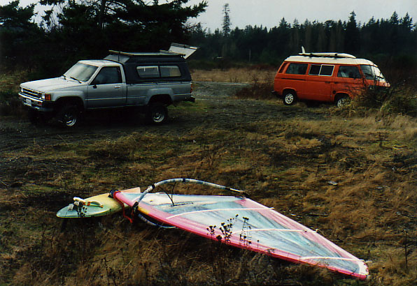 CB March? 1993
My homebuilt board, the truck I bought off Bart...who's van? This IS Columbia Beach...seems to be missing a few houses.
